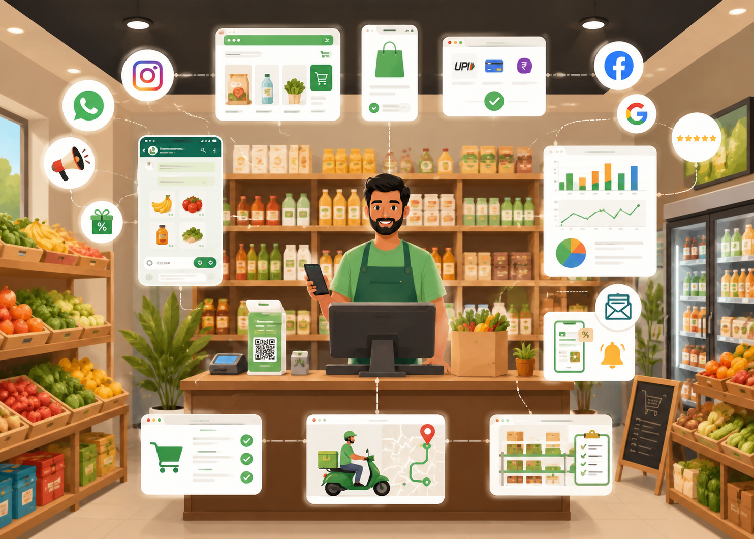 Modern independent grocery store with digital tools